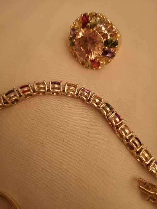 Gold Plated Coloured Stone Tennis Bracelet And Ring Set