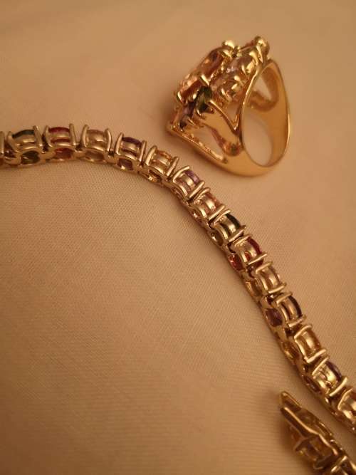 Gold Plated Coloured Stone Tennis Bracelet And Ring Set