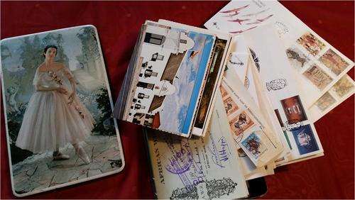 Vintage Treasure Tin Box, First Day Covers, Stamps, Old Bank Cheques signed by famous Wire Baron,