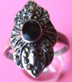 925 Sterling Silver  Marcasite and Black Onyx Ring