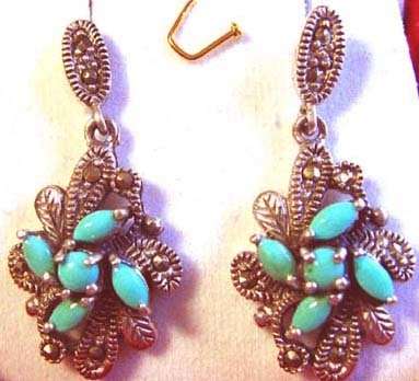 Sterling Silver Marcasite and Genuine Turquoise Earrings