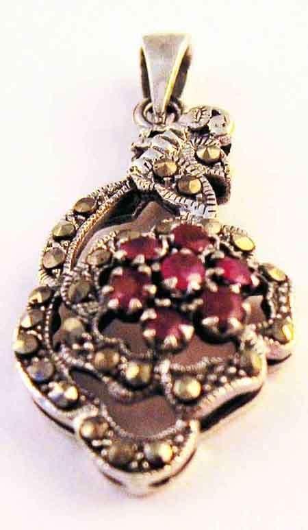 Sterling Silver, Marcasite & Genuine Rubies  Pendant.