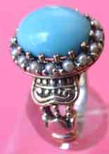 Genuine Turquoise and Seed Pearls in Sterling Ring