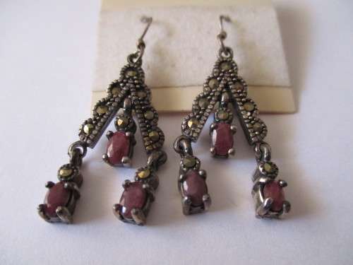925 Sterling Silver  Marcasite and Genuine Rubies Earrings