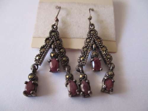 925 Sterling Silver  Marcasite and Genuine Rubies Earrings