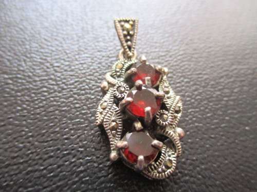 925-Sterling Silver , Marcasite & Genuine Garnets Pendant-