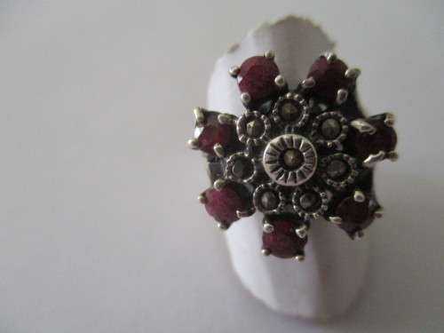 925  Sterling Silver , Marcasite and Rubies  Ring