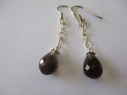 925 Sterling Silver and Genuine  Smoky Quartz Faceted  Drop  Earrings