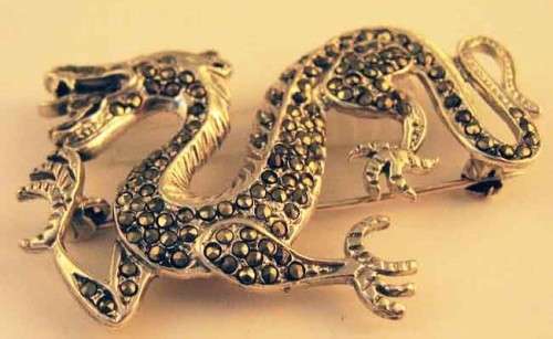 925 Sterling Silver and Marcasite `` Dragon `` Brooch