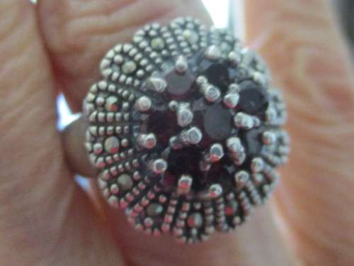 925 Sterling Silver Genuine Garnets & Marcasite Ring
