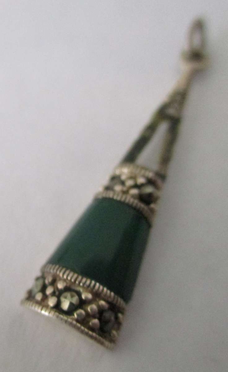 Silver , marcasite & Green Agate Charm or Pendant