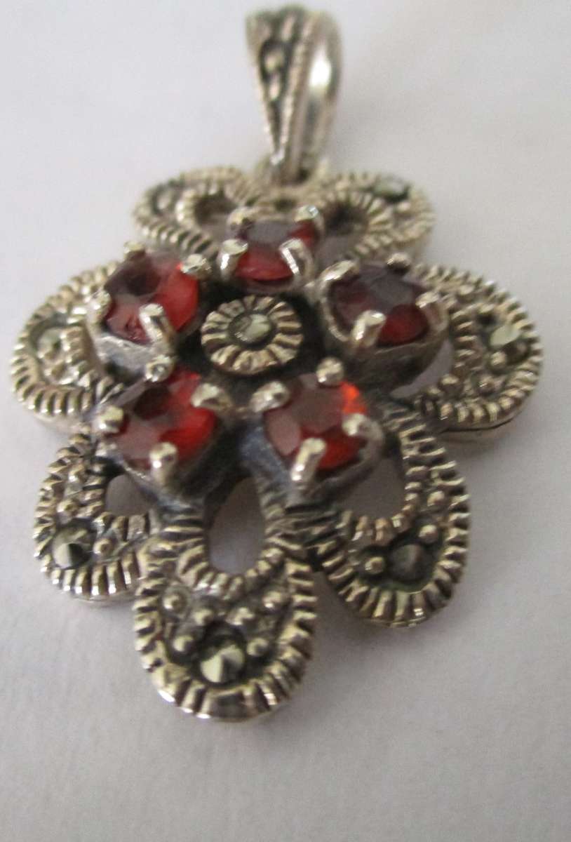 925 Sterling Silver, Marcasite &  Genuine Garnets Pendant