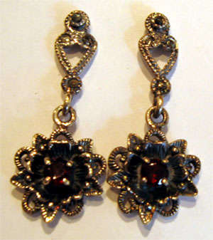 Silver Marcasite & Garnet Drop Earrings