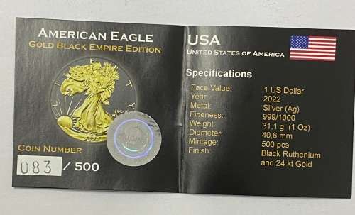 2022 .999 Silver Eagle (Black Ruthenium and 24 kt gold edition ) limited to 500 Pcs!!!