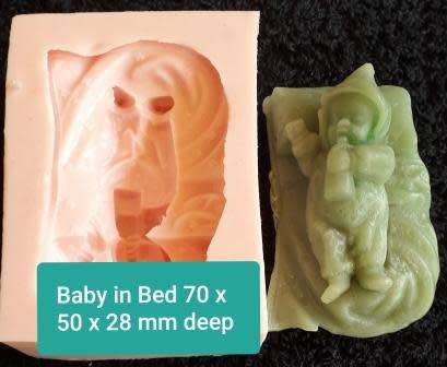 SILICONE MOULD " Secondhand " LIMITED STOCK  - Baby in Bed - 70 mm x 50 mm x 28 mm Deep