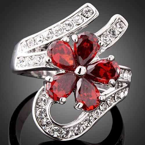 Stunning 18K White Gold Clad Ring with Ruby Crystal Flower *International Postage*