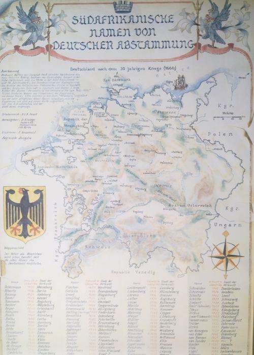 Historic map and names of German Settler families to South Africa