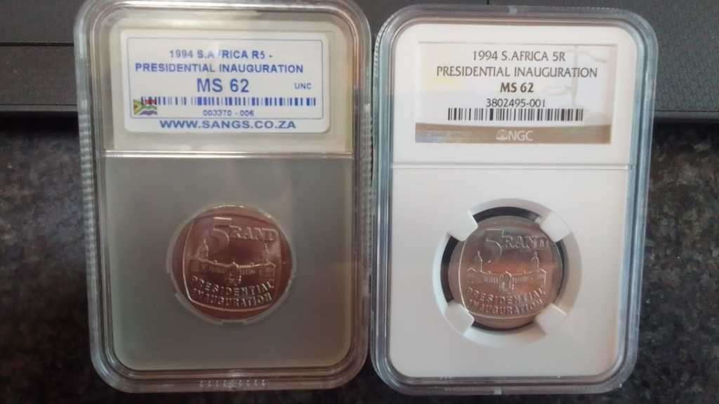 1994 Presidential Inauguration 2 x R5 coins Graded MS62