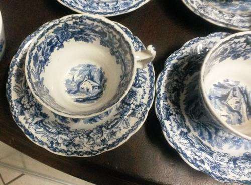 vintage blue and white transfer booths silicon china British scenery cups and saucers