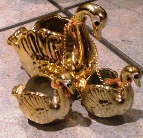 pretty vintage 1950's gold porcelain swans set (3 off ) posy vases