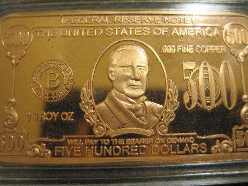 1 TROY OZ FINE COPPER .999 500 DOLLAR BAR