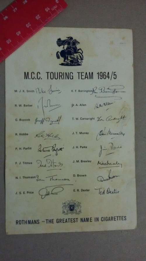 1964 - 1965 M.C.C. (Cricket) Touring Team Rothmans Signature Card