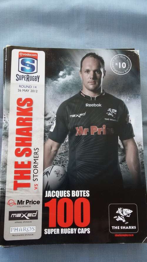 Rugby Program - SupeRugby 2012 - Sharks vs Stormers 100 Super Caps J Botes