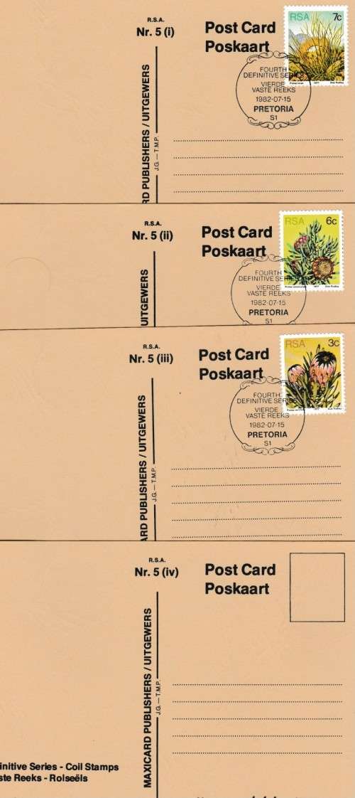 SET of 4, 1982 RSA FOURTH DEFINITIVE COIL STAMP - MAXI CARDS