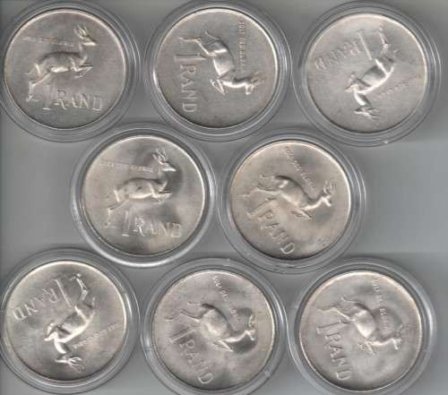 BID PER COIN -  EIGHT SILVER R1 COINS, SOME COULD BE UNCIRCULATED, REFER SCANS......ENCAPSULATED