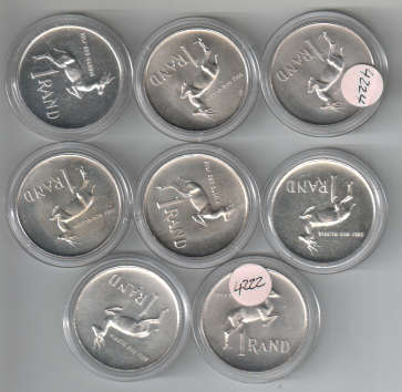 EIGHT UNC REPUBLIC of SOUTH AFRICA 80% SILVER R1s. As per Scans.