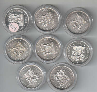EIGHT UNC REPUBLIC of SOUTH AFRICA 80% SILVER R1s. As per Scans.