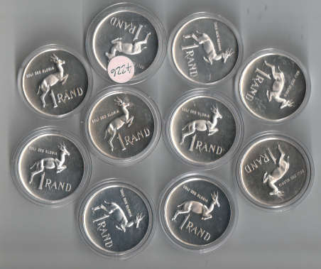 TEN PROOF REPUBLIC of SOUTH AFRICA 80% SILVER R1s. VARIOUS YEARS. ENCAPSULATED. As per Scans.