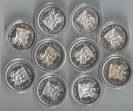 TEN PROOF REPUBLIC of SOUTH AFRICA 80% SILVER R1s. VARIOUS YEARS. ENCAPSULATED. As per Scans.