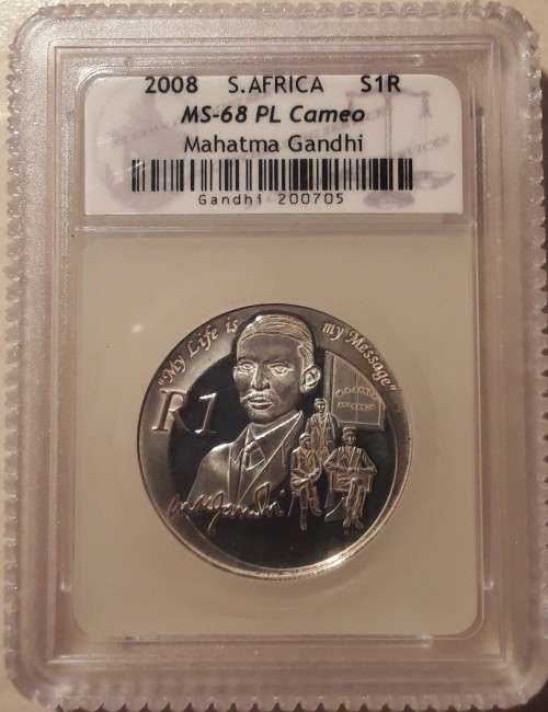 RSA MAHATMA GANDHI 2008 SILVER 1 RAND - SACGS GRADED MS-68 PL CAMEO.