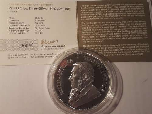 RSA 2 OUNCE PROOF SILVER KRUGERRAND IN PRESENTATION BOX, CAPSULE & WITH  CERTIFICATE OF AUTHENTCITY.