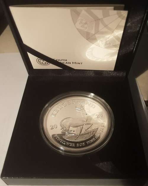 RSA 2 OUNCE PROOF SILVER KRUGERRAND IN PRESENTATION BOX, CAPSULE & WITH  CERTIFICATE OF AUTHENTCITY.