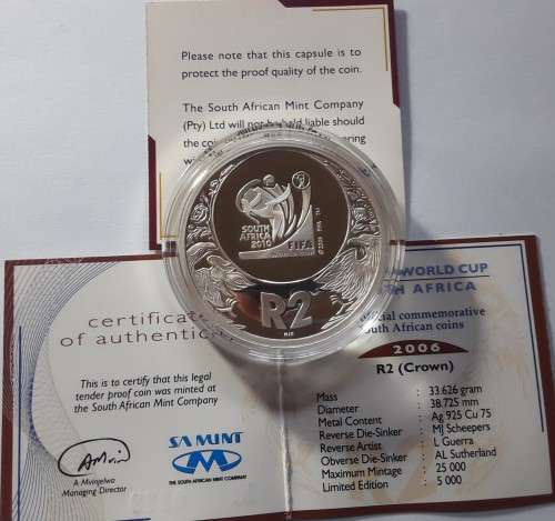 RSA FIFA 2006 PROOF SILVER R2, 92,5% PURE SILVER, CROWN MASS 33,626 grams, IN OIGINAL BOX.