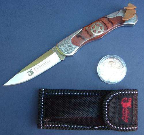 SANJIA USA SABER FOLDING SS KNIFE with THUMB RELEASE + FREE R5 MANDELA UNC COIN.