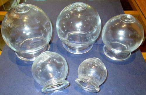 GLASS CUPPING SETS of FIVE. 75mm, 65mm, 55mm, 45mm & 40mm Diameter..