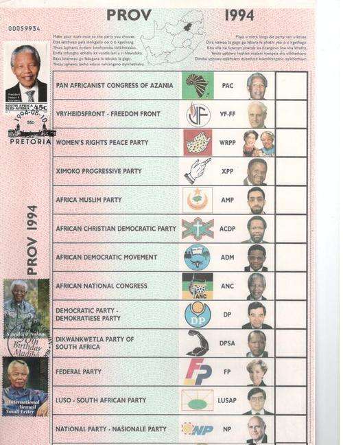 PWV BALLOT PAPER WITH FRANKED INAUGURATION MANDELA STAMP + TWO FRANKED MANDELA 90th BIRTHDAY STAMPS.