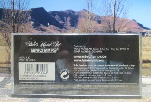 RARE MINICHAMPS  518 034399 - 2004   B- A- R HONDA CONCEPT CAR  ` TAKUMA SATO ` MINT IN DISPLAY CASE