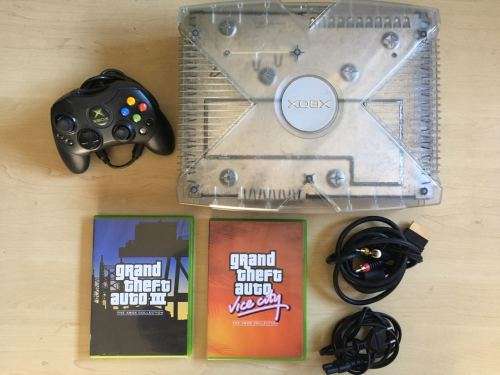 Crystal Xbox Console + 1 Controller & 2 Grand Theft Auto Games. (Collectors) (Retro)