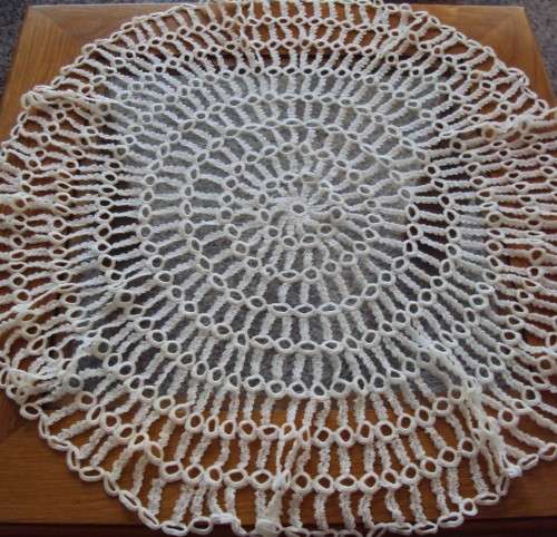 Unusual white lace looking crochet round tablecloth - vintage good cond