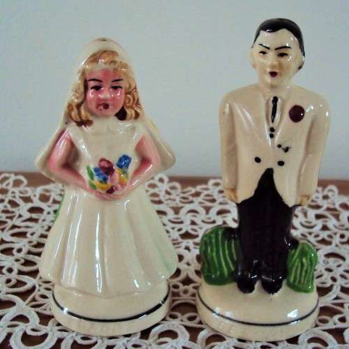 Time Marches On salt & petter set, before and after Wedding - vintage, crazing