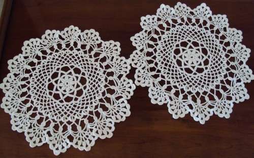 2 White hand crochet doilies 36cm diam each - made in a thicker cotton