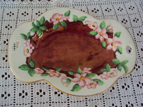 Prettiest vintage Maling England two handle bowl dish, gold accent around rim, pink flowers