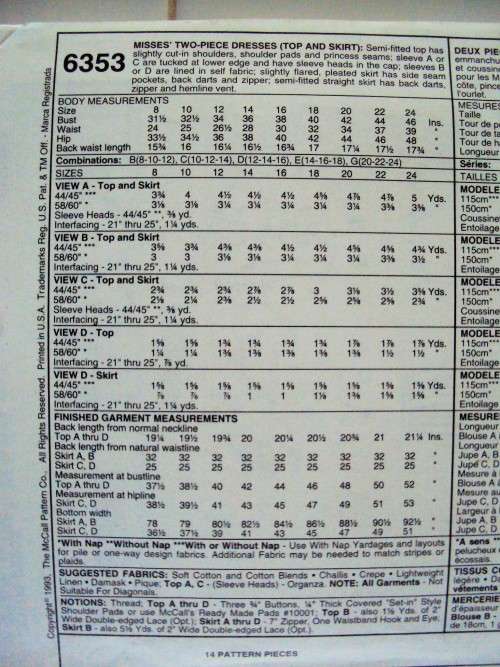 Easy McCall 6353 (size 12-16) Ladies tops and skirts -  uncut sewing pattern
