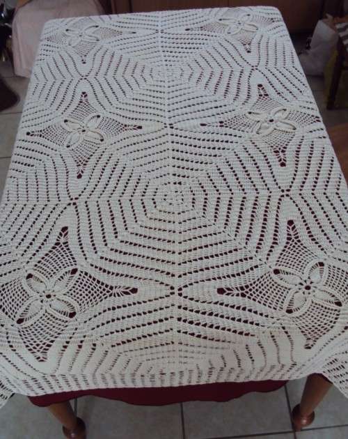 Hand crochet tablecloth or side unit overlay beige/cream 159cm x 110cm - good cond