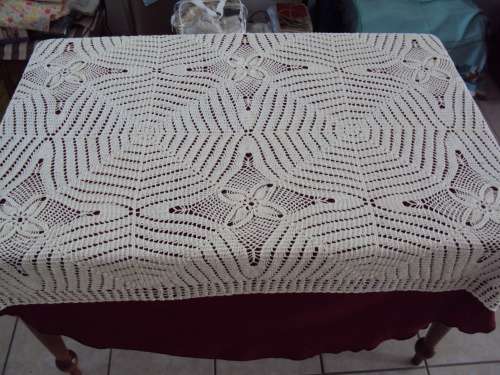 Hand crochet tablecloth or side unit overlay beige/cream 159cm x 110cm - good cond