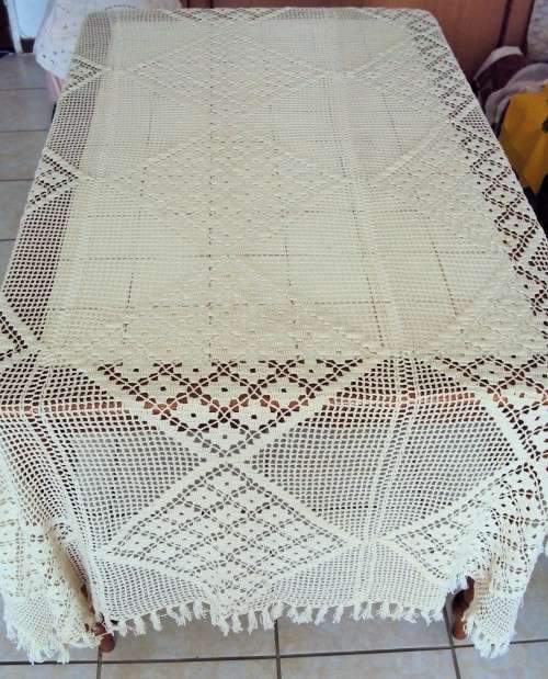 Long beige crochet tablecloth or couch throw over, fringed tassle edge 2.2mtr x 1.37 mtr - VGC
